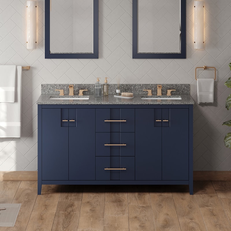 Jeffrey Alexander VKITKAT60R-MARBLE Katara 61" Free Standing Vanity - Hale Blue / Boulder - Painted
