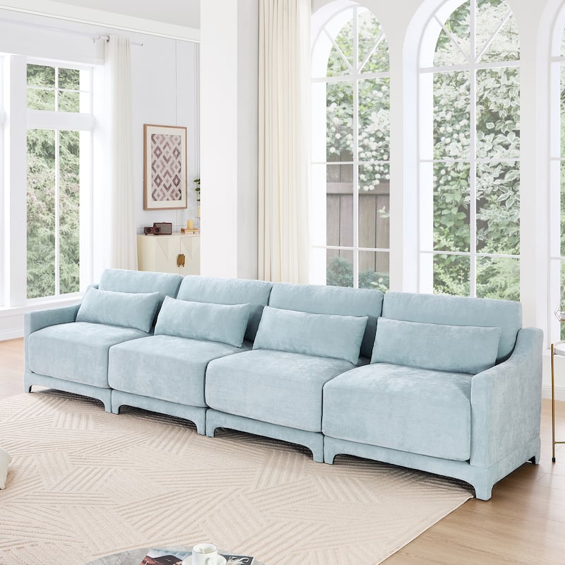 141.7″ Chenille 6-Seater Sofa with Ergonomic Wooden Base & High-Resilience Sponge - Sky Blue