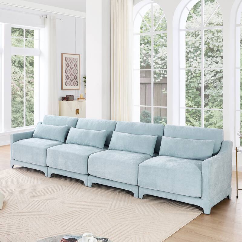 Chenille Upholstered Sofa with Lumbar Pillows - Sky Blue(4 Seat)
