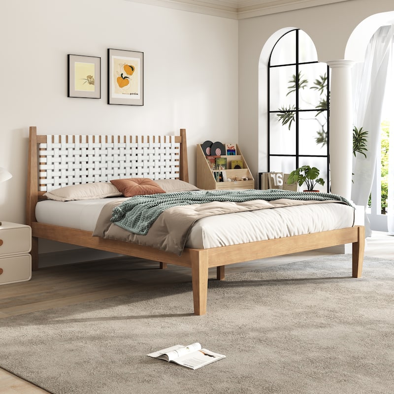 Queen Platform Bed with Woven White Leather Headboard and Natural Wood Frame