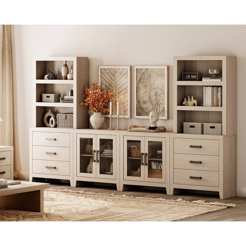 WAMPAT Farmhouse Entertainment Center with Bookshelves, Modular TV Stand with Drawers & Glass Doors - 126"W x 72.2"H x 15.4"D