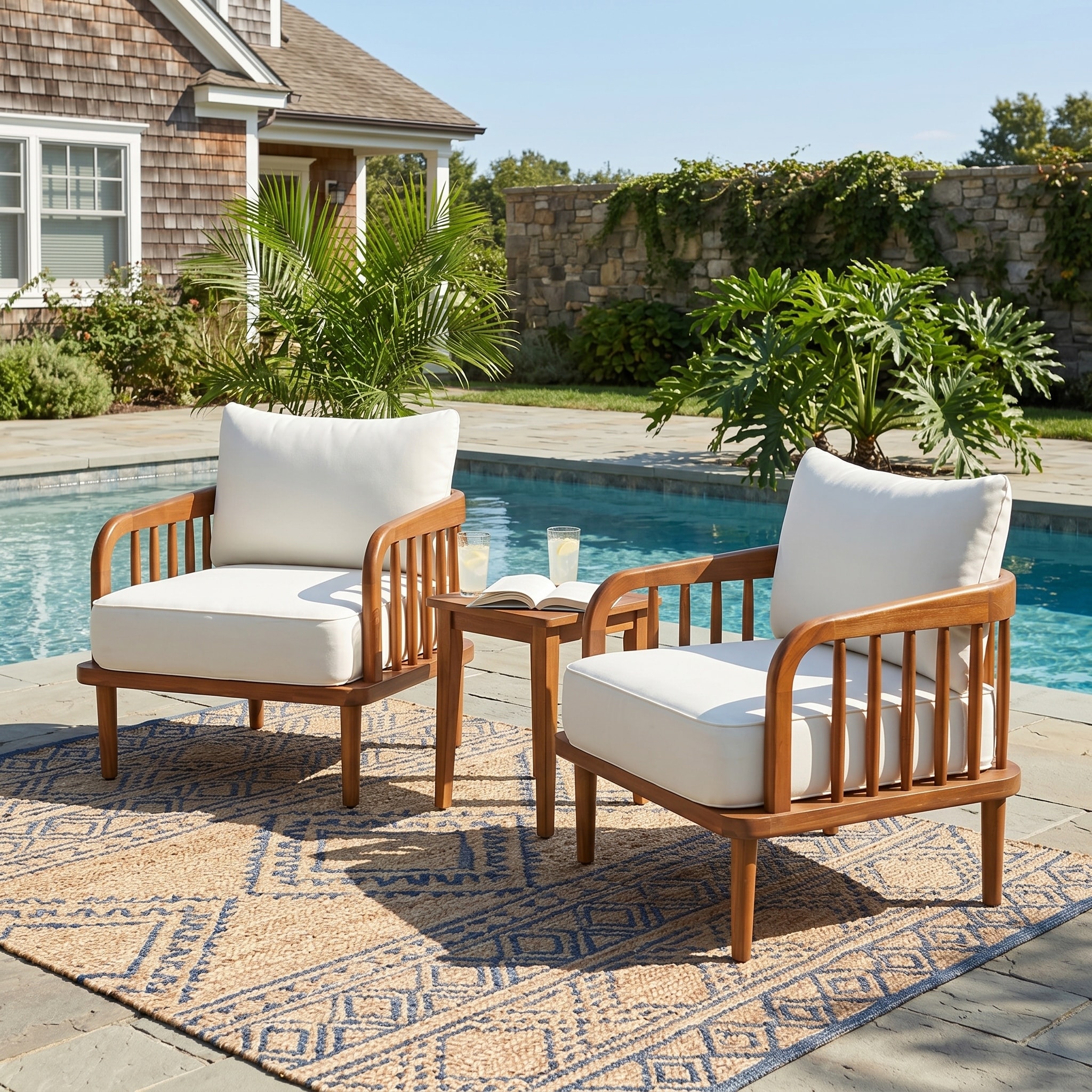 Christopher Knight Home - Vivaro Set of 2 Outdoor Lounge Chairs, Vertical Slatted Acacia Wood Arms & Water-Resistant Cushion