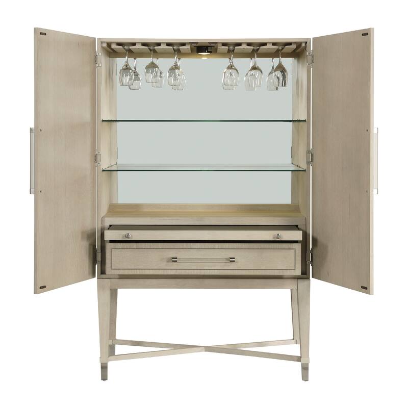 Olto Bar Cabinet, 68 Inch, 2 Shelves and Stemware Racks, Brown Veneer