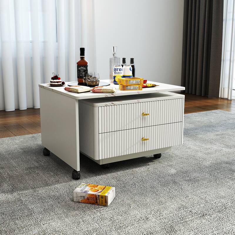 Roomfitters Extendable Coffee Table with Storage, Reversible Square Table with 2 Drawers and 6 Wheels for Living Room, White - White