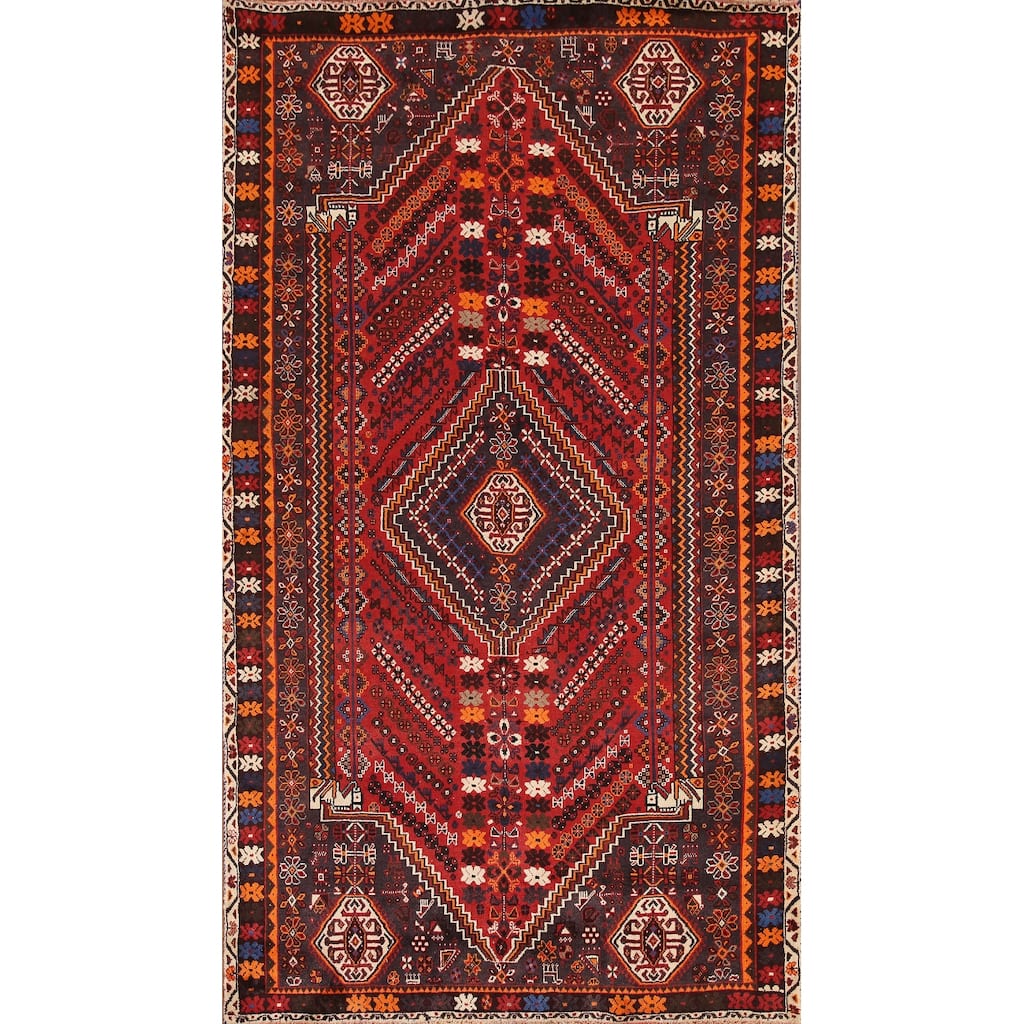 Geometric Red Shiraz Persian Vintage Area Rug Handmade Wool Carpet - 5'6" x 9'1"