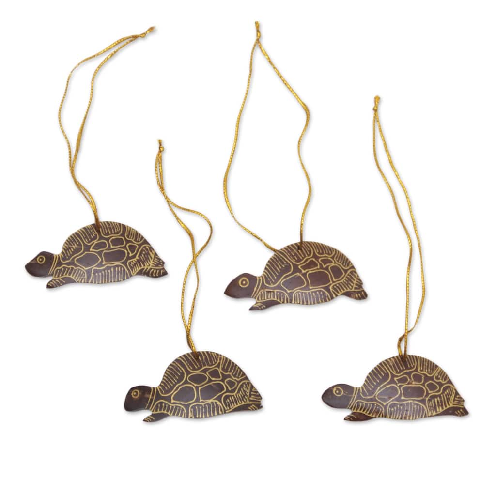NOVICA Royal Turtle, Coconut shell ornaments (set of 4)