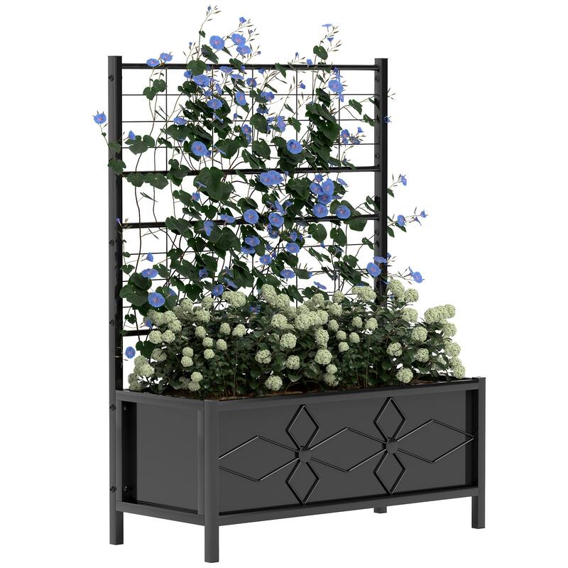 Outsunny Galvanized Raised Garden Bed with Trellis, Outdoor Planter Box for Climbing Vines Vegetables Flowers, Metal Garden Box
