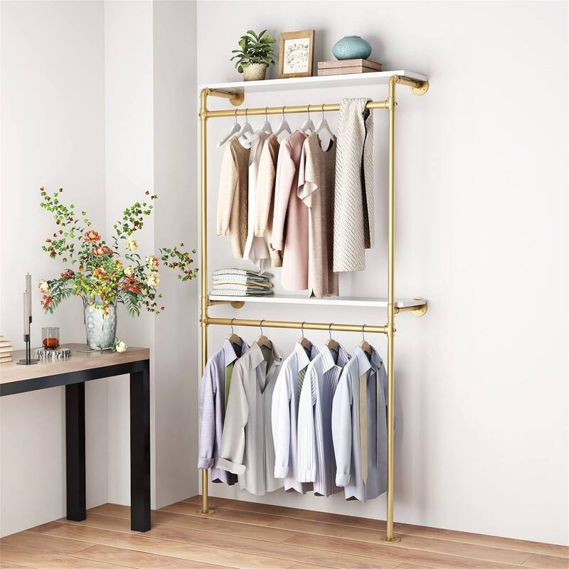 Gold Pipe Clothing Racks with 2 Tier Shelves