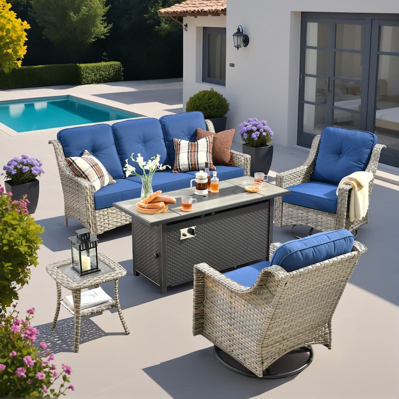 OVIOS 5 Pieces Outdoor Wicker Set with 54" Fire Table