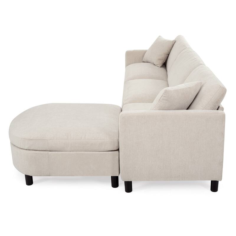 Modern Fabric Sofa with Storage Armrest, Movable Ottoman, and Durable Frame - 3 Seat Couch