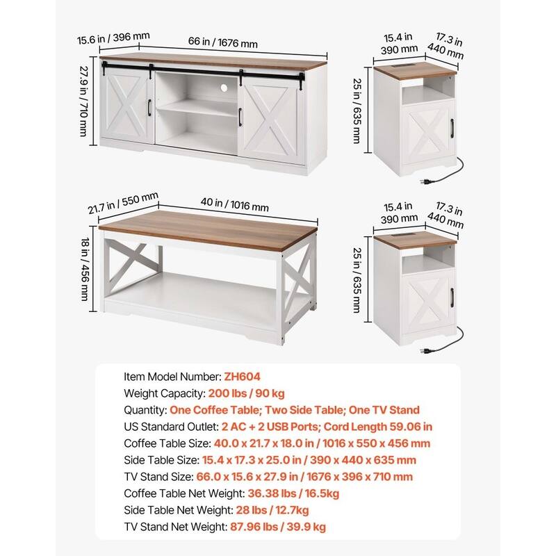 4-Piece Living Room Table Set with TV Stand Coffee Table and Side Tables with USB Charging Station - 40” x 21.7” x 18”