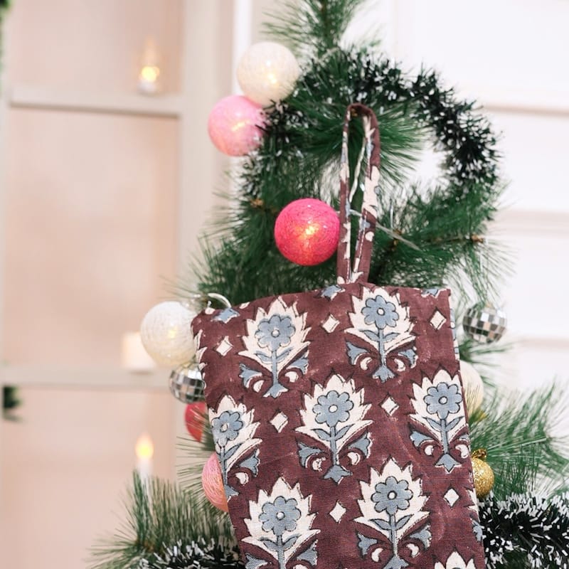 Fabdivine 16x6.5 Inches Hand Floral Block Print Christmas Stockings Tassle and Loop Perfect for Gift - 16"X6.5" - Kusum - Chocolate Brown, Grey - Christmas Stockings