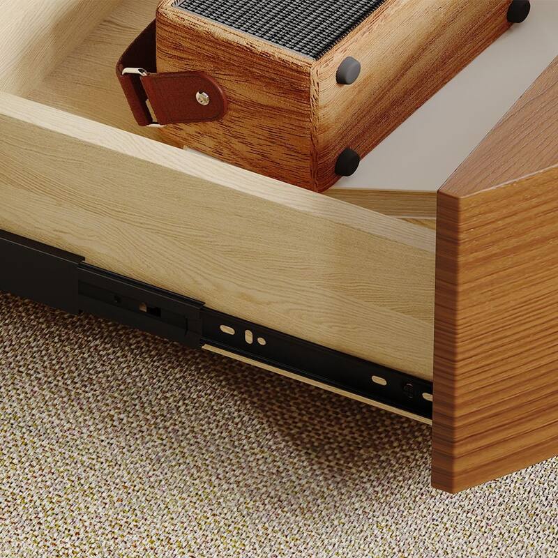 Modern Drum Coffee Table with Oak Veneer, Sintered Stone Coffee Table with 2 Solid Wood Drawers, Fully Assembled, White