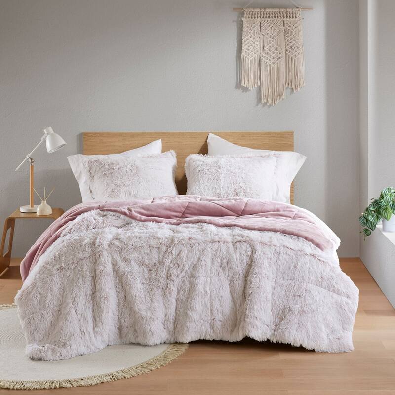 Intelligent Design Leena Shaggy Long Fur Comforter Mini Set - Pink/White - King