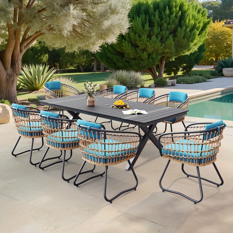 9PC Outdoor Patio Aluminum X-Frame Dining Set Table with Rattan Chairs Umbrella Hole