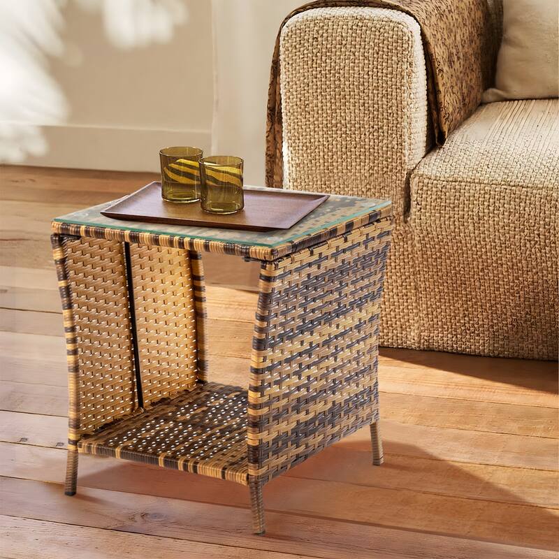 Yellow Gradient Rattan Side Table with Tempered Glass Top - 18.11 x 18.11 x 19.49