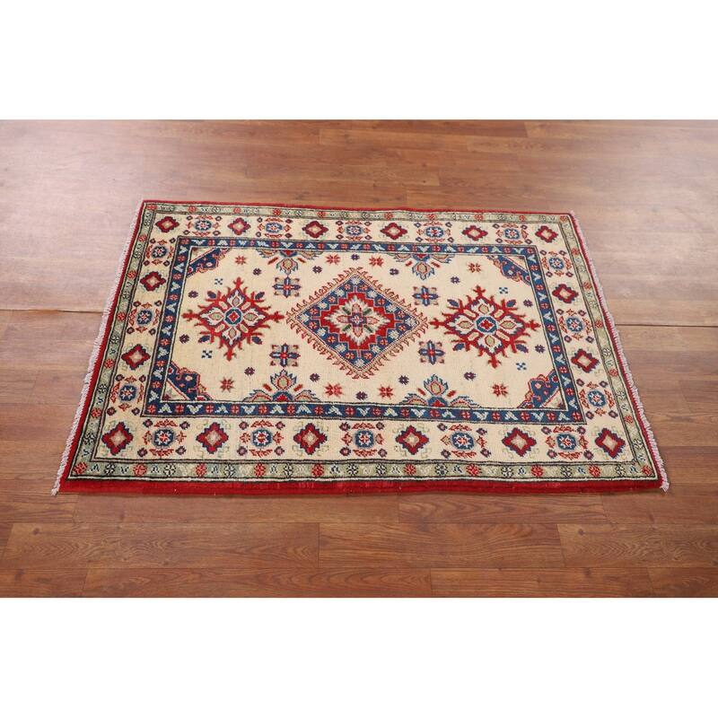 Beige / Ivory Geometric Kazak Accent Rug Hand-Knotted Wool Carpet - 2'9" x 3'10"