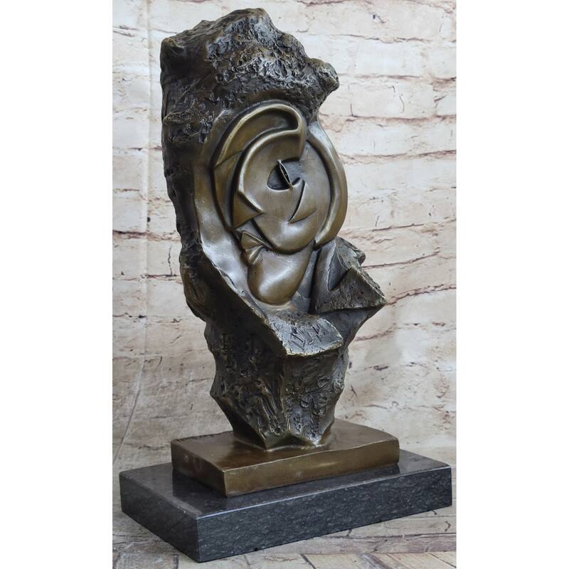 Handmade Abstract Bronze Face Sculpture Marble Base Modern Cubism Home Statue