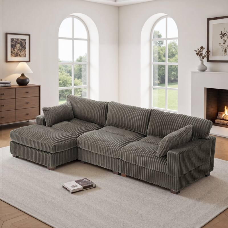 Plush Corduroy Upholstered Modular Sectional Sofa with Chaise