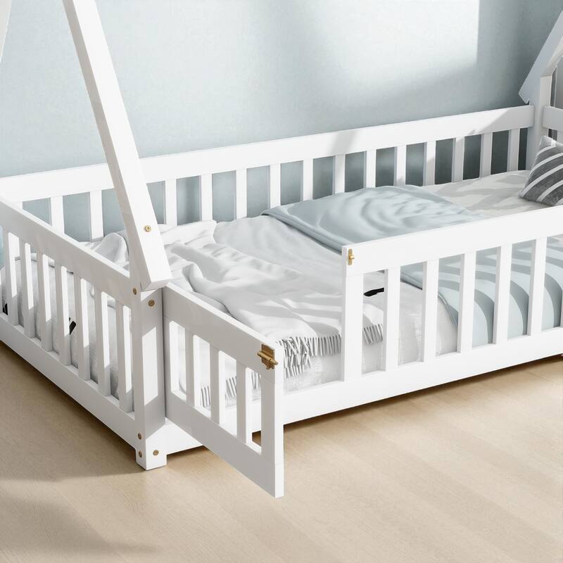 Twin Size Rubber Wood Teepee Floor Bed with Guardrails, Slats and Door for Kids Bedroom
