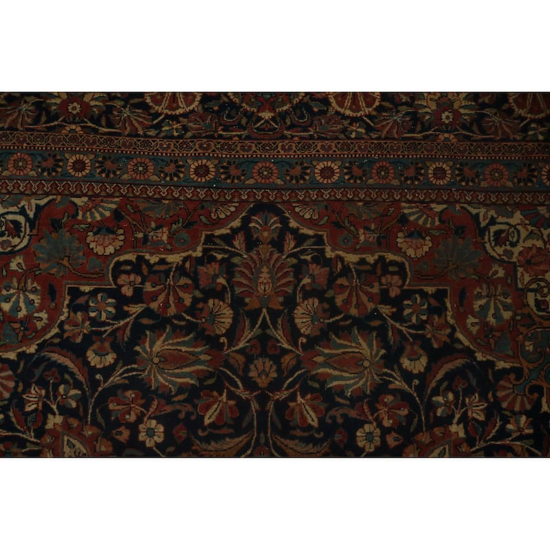 Hand Knotted Oriental 100% Wool Carpet Traditional Floral Navy Blue & Blues Kashan (Dabir) Area Rug - 11' 2'' X 8' 6''