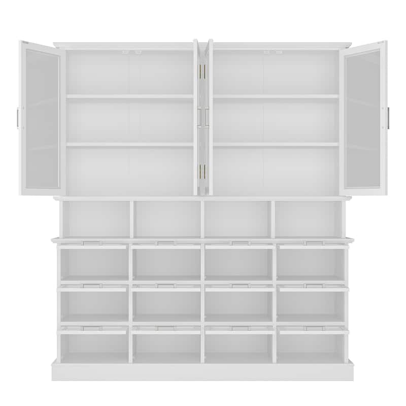 Large Kitchen Pantry Cabinet with Glass Doors and Bottom-Pull Drawers