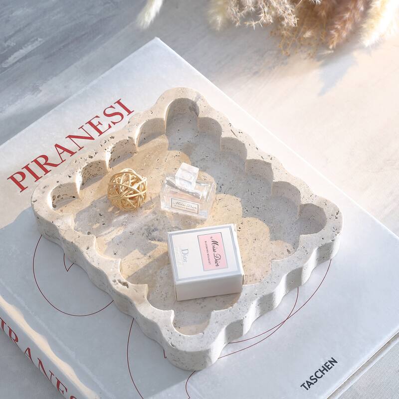 SAFAVIEH Home Cova Greige Marble Scalloped Catchall - 7"W x 6"D x 1.3"H