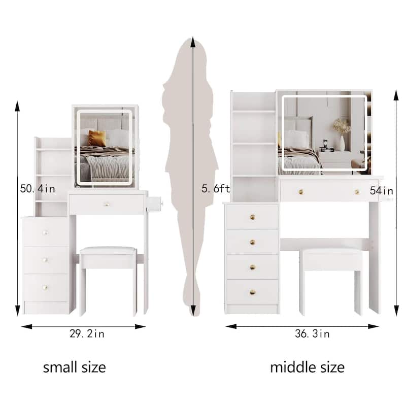 29.2"Left Bedside Cabinet Vanity Table +Cushioned Stool,2 AC+2 USB Power Station,Hair dryer bracket,Extra Large Sliding Mirror