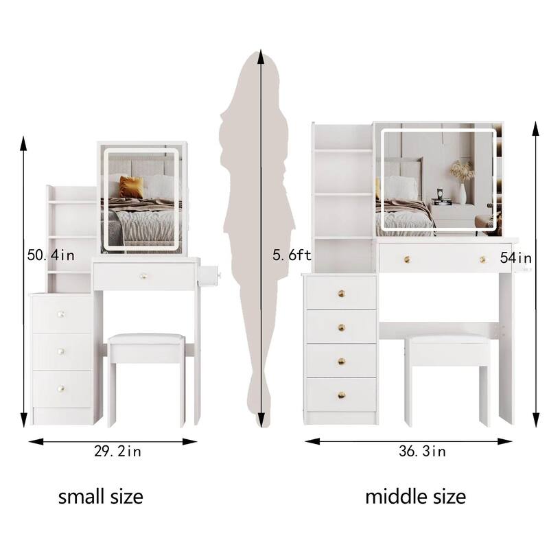 Compact Makeup Vanity with Power Outlets, Type-C Charging, Touch Mirror & Stool, 29.2" Dresser for Small Space