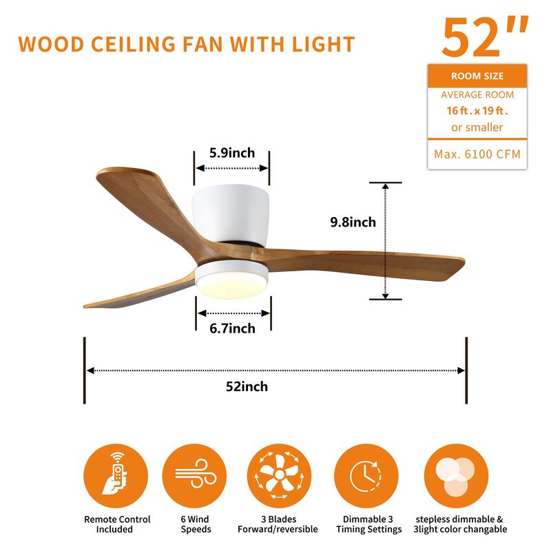 Flush Mount Ceiling Fan with 3-Color Changing Light and Timer Fuction, Wood Ceiling Fans with Lights and Remote