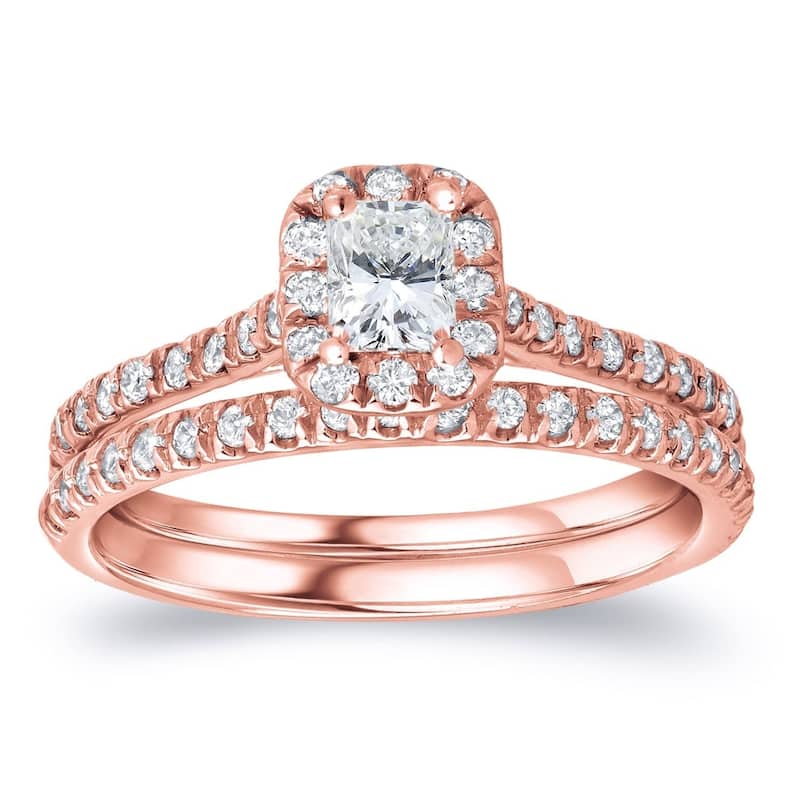 Auriya 14k Rose Gold 1ctw Radiant-cut Halo Diamond Engagement Ring Set - 4