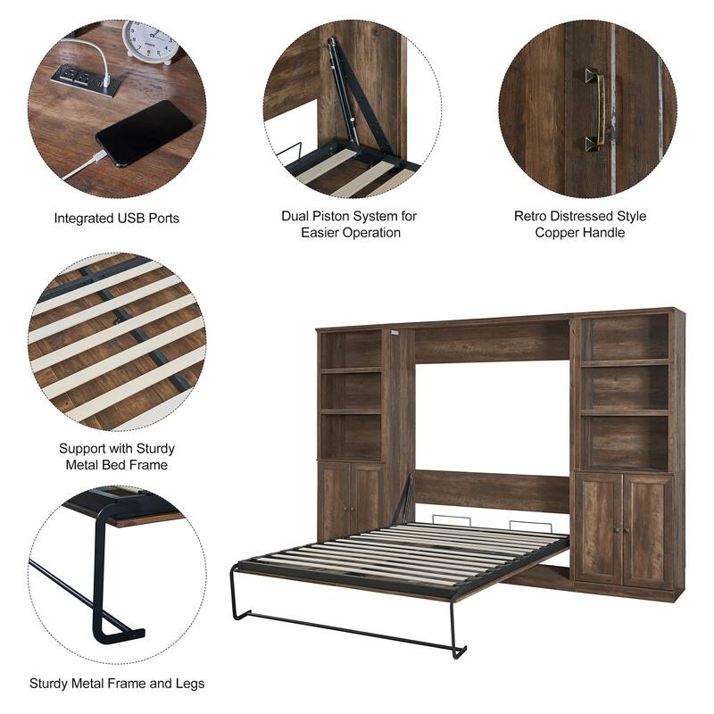 Half Self-Close and Open Murphy Bed with 2 Side Cabinet Storage Shelf