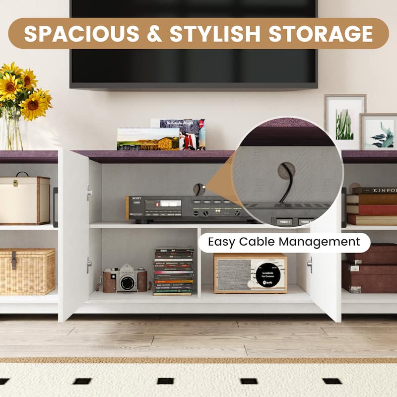 EROMMY Solid Wood TV Stand, Modern Entertainment Center with Glass Doors & Adjustable Shelves.