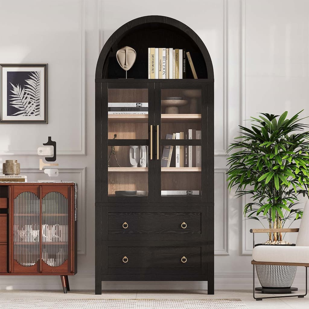 Tall Arched Cabinet with 2 Large Drawers,Modern Farmhouse Design,for Kitchens and Dining Rooms,Living Room