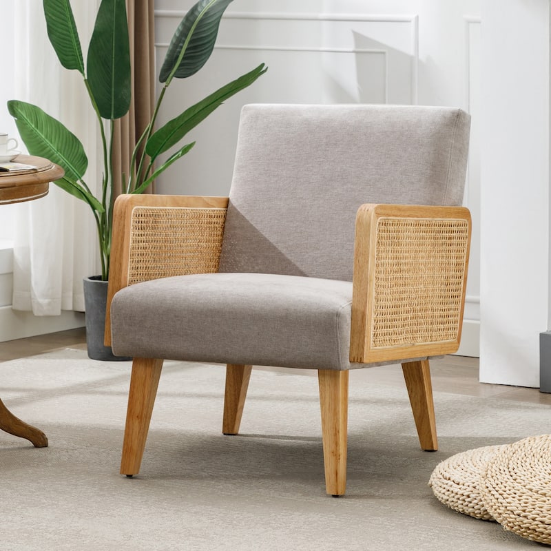 Rattan Armrest Fabric Upholstered Accent Chair