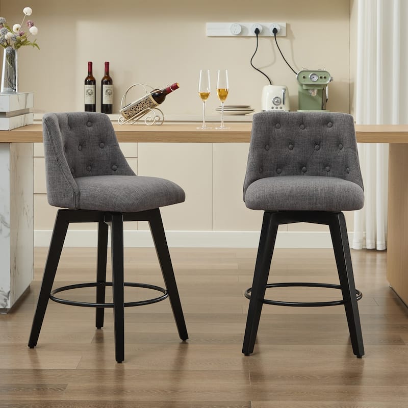 Modern Linen Swivel Bar Stools with Tufted Back,Wood Frame (Set of 2)
