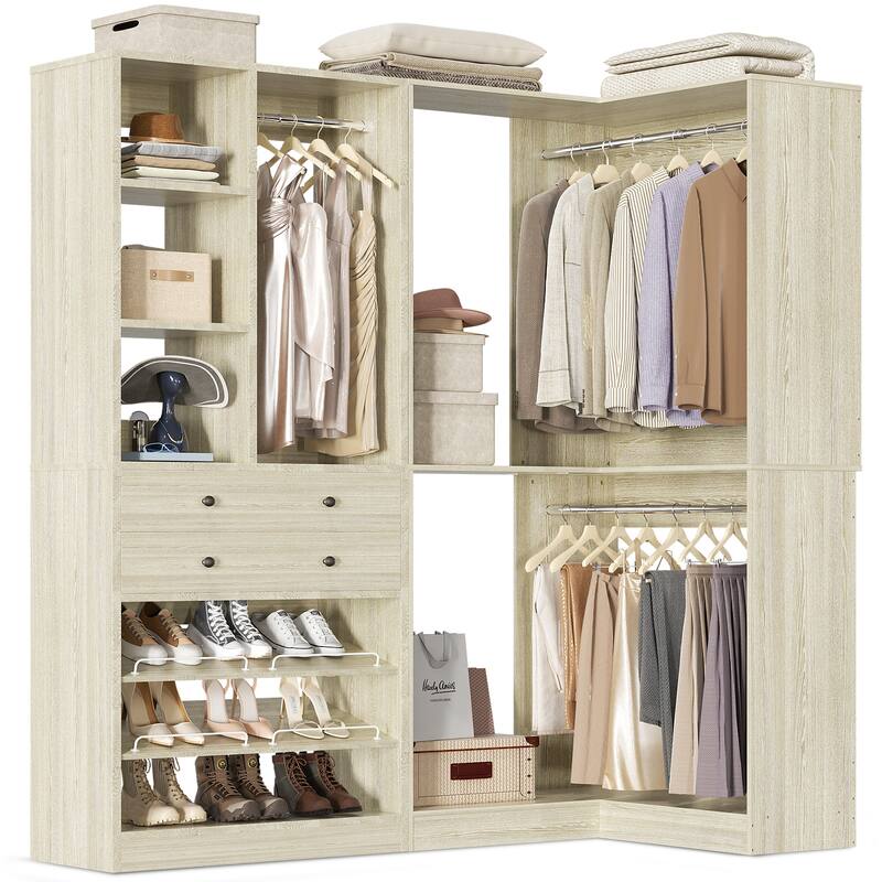 Set of 2/ 3 Coner Closet System with Shoe Racks and Drawers, Freestanding Closet Organizer with Hanging Rods and Shelves