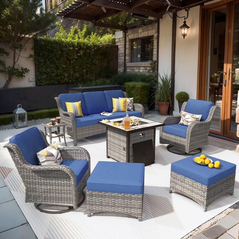 OVIOS 7-piece Patio Swivel Chair Set with 30" Fire Pit - Navy Blue-Grey Wicker