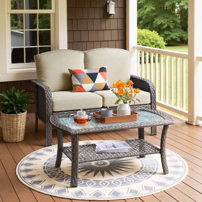 XIZZI 2-Piece Outdoor Wicker Loveseat with Coffee Table - Beige