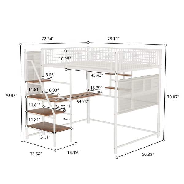 dimension image slide 0 of 2, Full Size Loft Bed with Built-in Charging Station & LED Lighting, Heavy-Duty Metal Loft Bed Frame with Desk & Safety Guardrails
