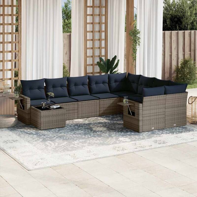 vidaXL Patio Sofa Set with Cushions Outdoor Furniture 10 Piece Poly Rattan - 24.4 x 24.4 x 27.2 - Grey and Blue