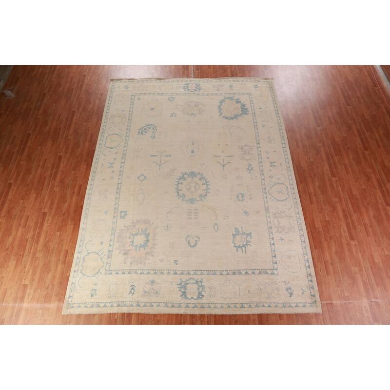 Hand Knotted Oriental 100% Wool Carpet Transitional All-Over Beige & Ivories Oushak Area Rug - 13' 5'' X 10' 1''