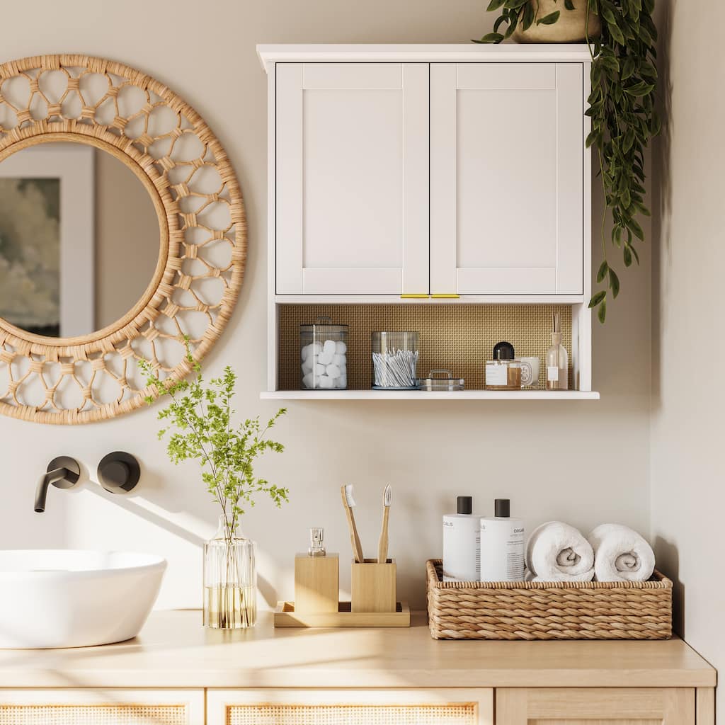 Shorewood Two-Door Wall Cabinet with Rattan Backboard – White