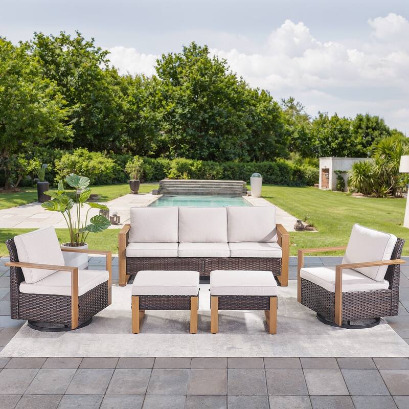 Gymojoy Outdoor Wicker Patio Furniture Sofa Set - 5-Piece Sofa Set - Swivel Chairs & Ottomans - Brown Wicker / Beige Cusion