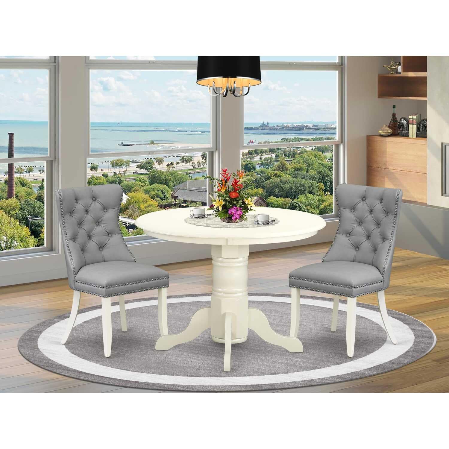 3-Piece Linen white Solid Wood Top - Round Dining Room Set - Seats 4