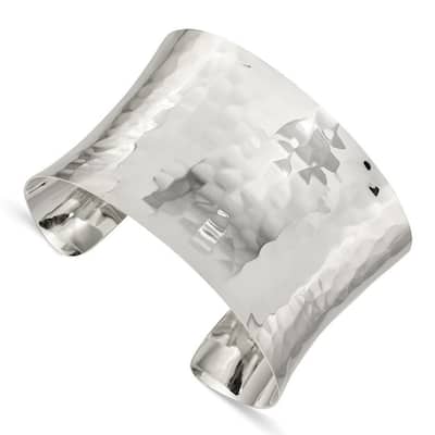 Curata 925 Sterling Silver 39.5mm Solid Concave Hammered Adjustable Cuff Bangle Bracelet