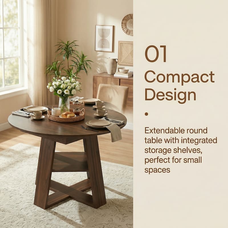 43.3"-59" Extendable Round Dining Table with Storage Shelf