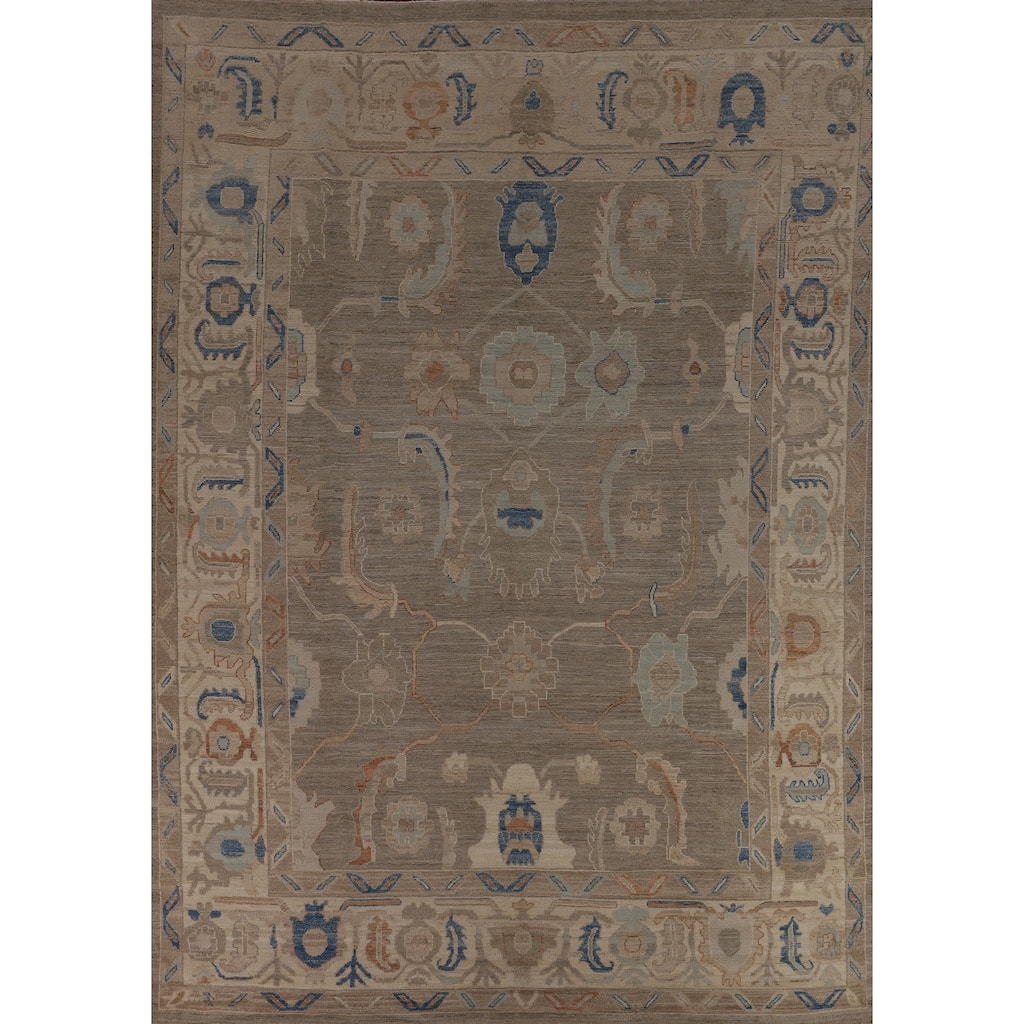 Transitional Oushak Turkish Rug Handmade Beige Oriental Wool Carpet - 9'1"x 11'9"