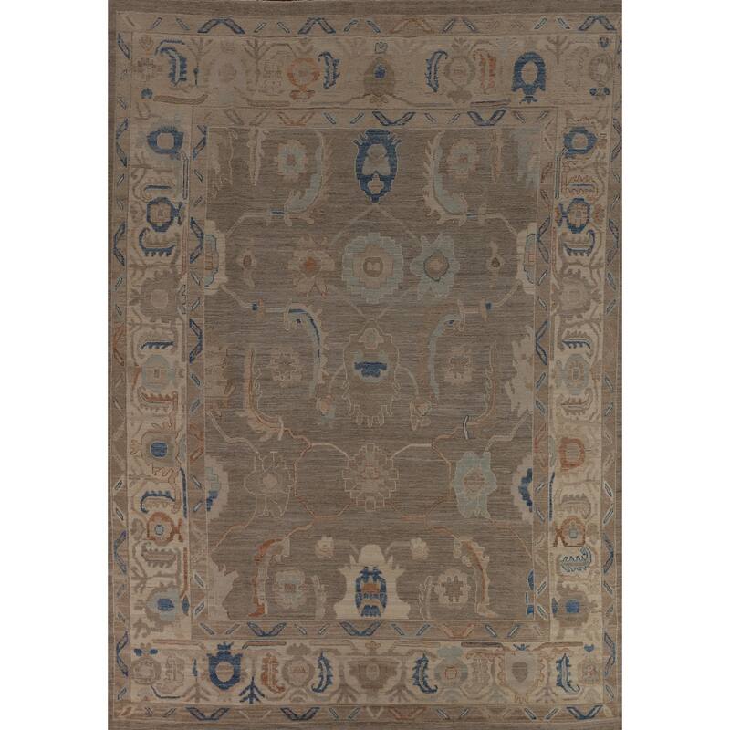 Transitional Oushak Turkish Rug Handmade Beige Oriental Wool Carpet - 9'1"x 11'9"