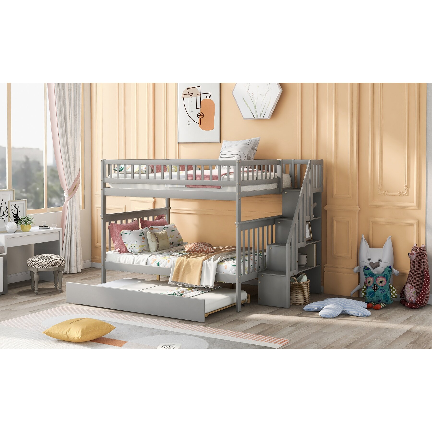 Full over Full Detachable Bunk Bed with Trundle and Staircase Grey